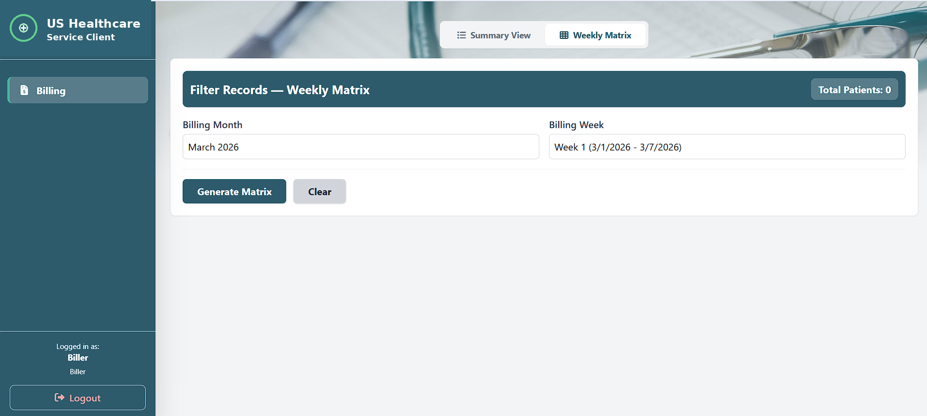 Sanitized billing weekly matrix screen with billing month and week filters.