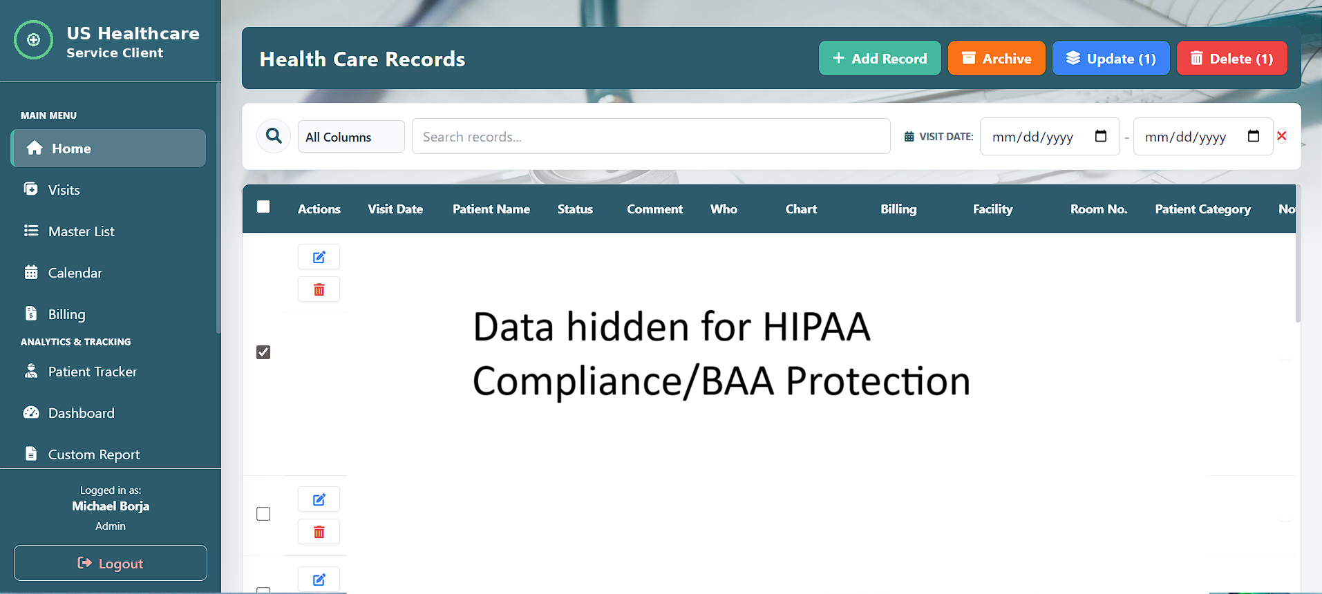 Sanitized healthcare records screen with searchable fields and row-level actions.