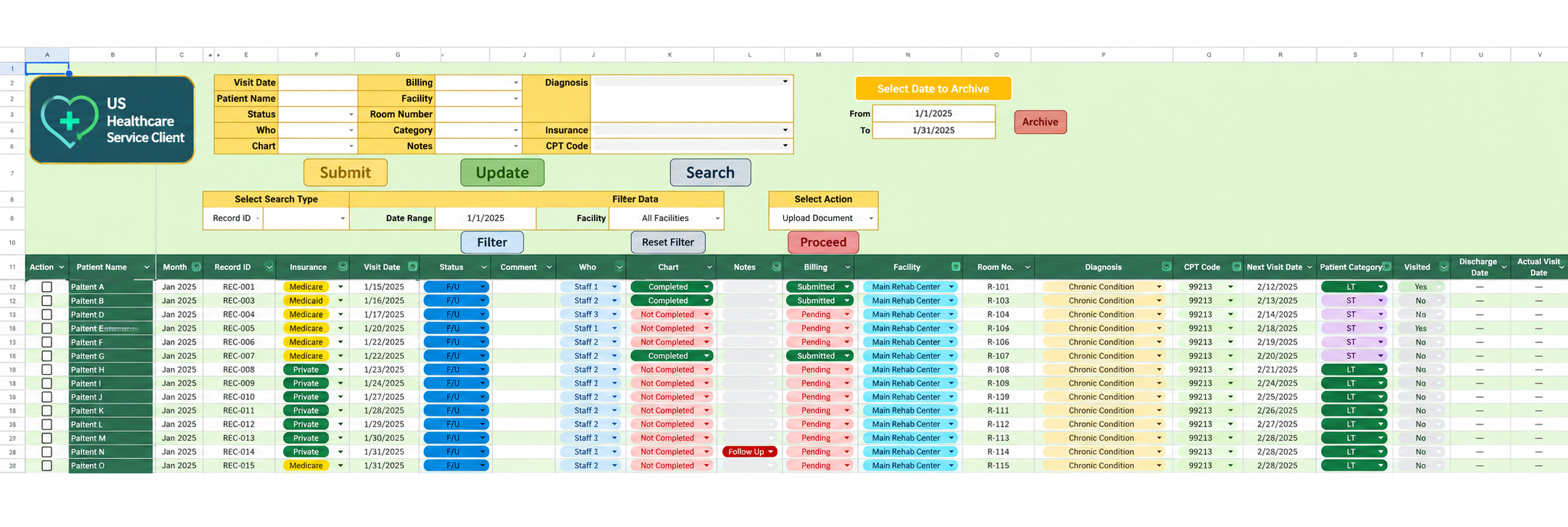 Sanitized portfolio version of the Google Sheets healthcare operations and reporting system built during Phase 1.